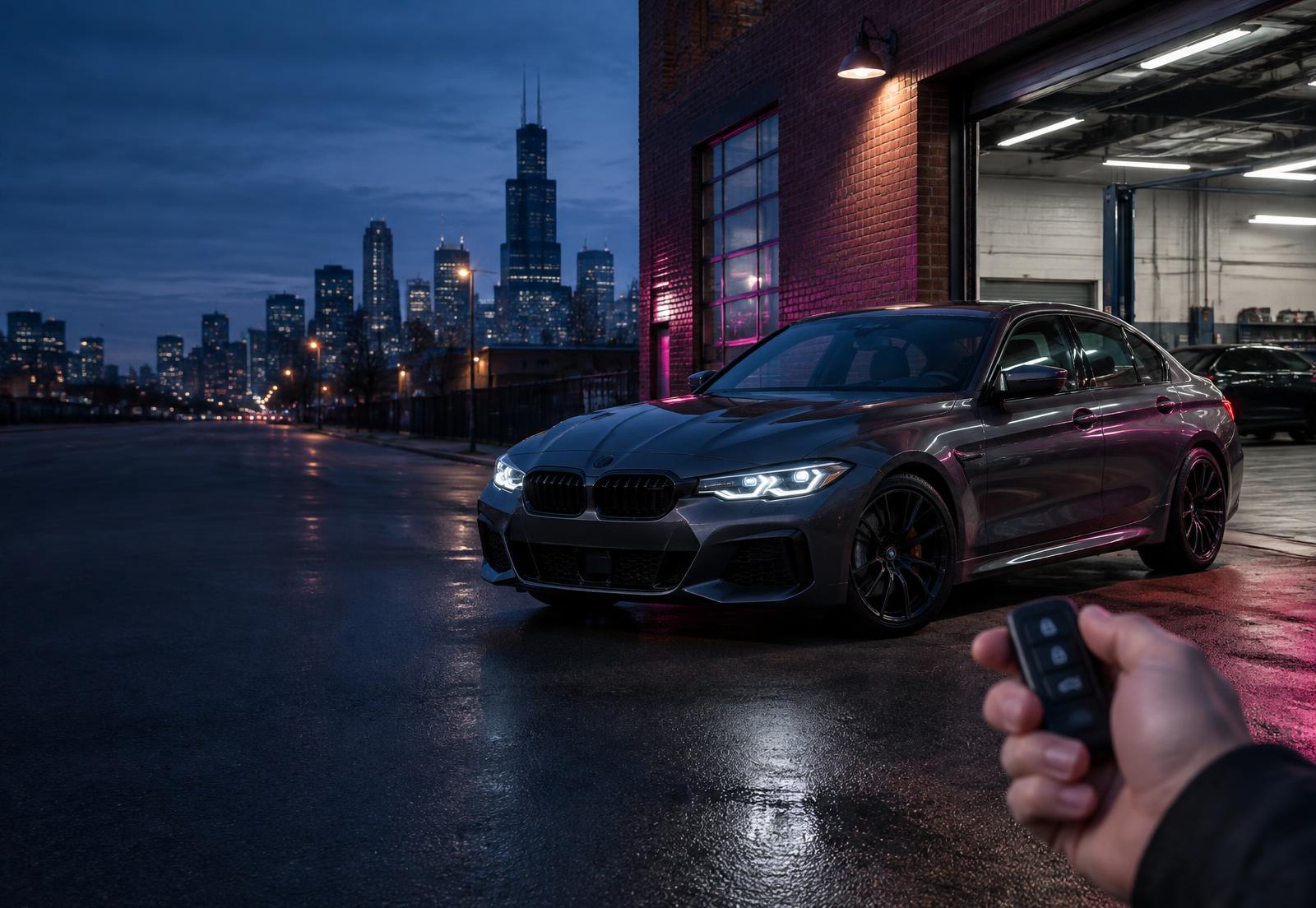 Car outside a city garage with a remote key fob in the foreground